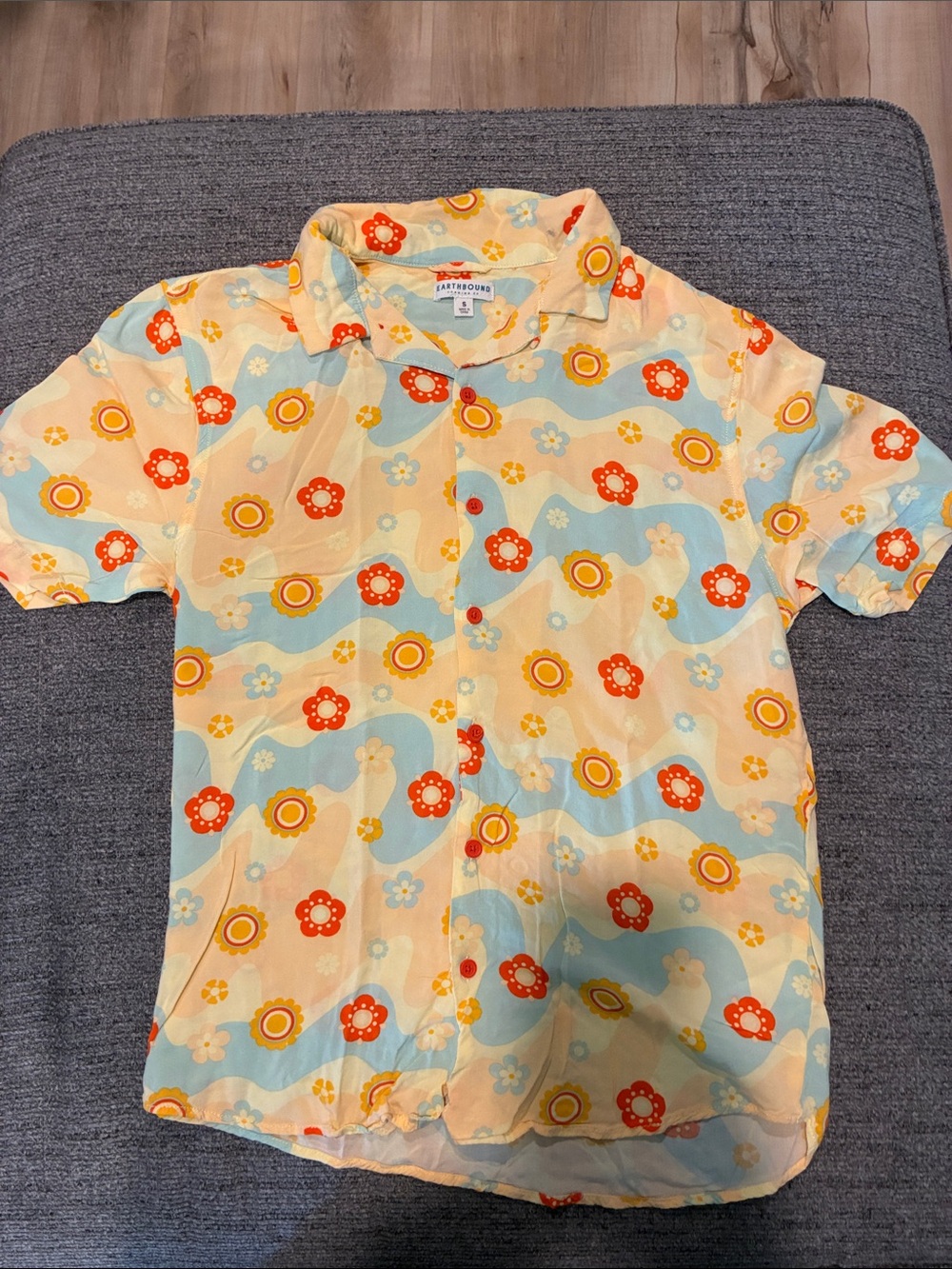 EARTHBOUND Short Sleeve Button-Down Shirt in Cream, Blue & Orange